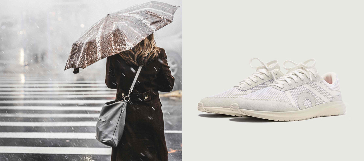 lady with umbrella in rain and waterproof shoes
